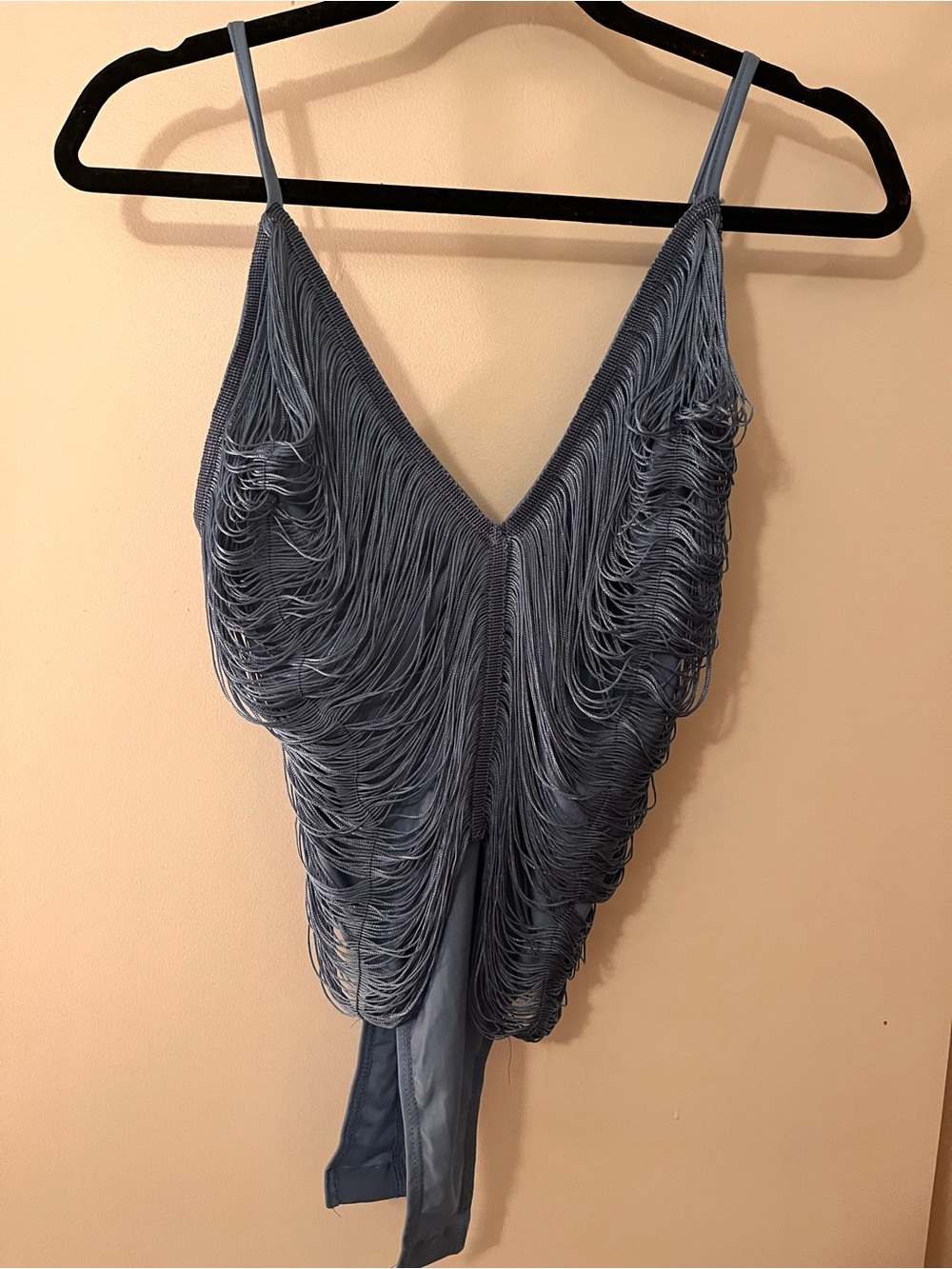 Pretty Little Things Fringe V-Neck Sleeveless Bodysuit in Slate Blue